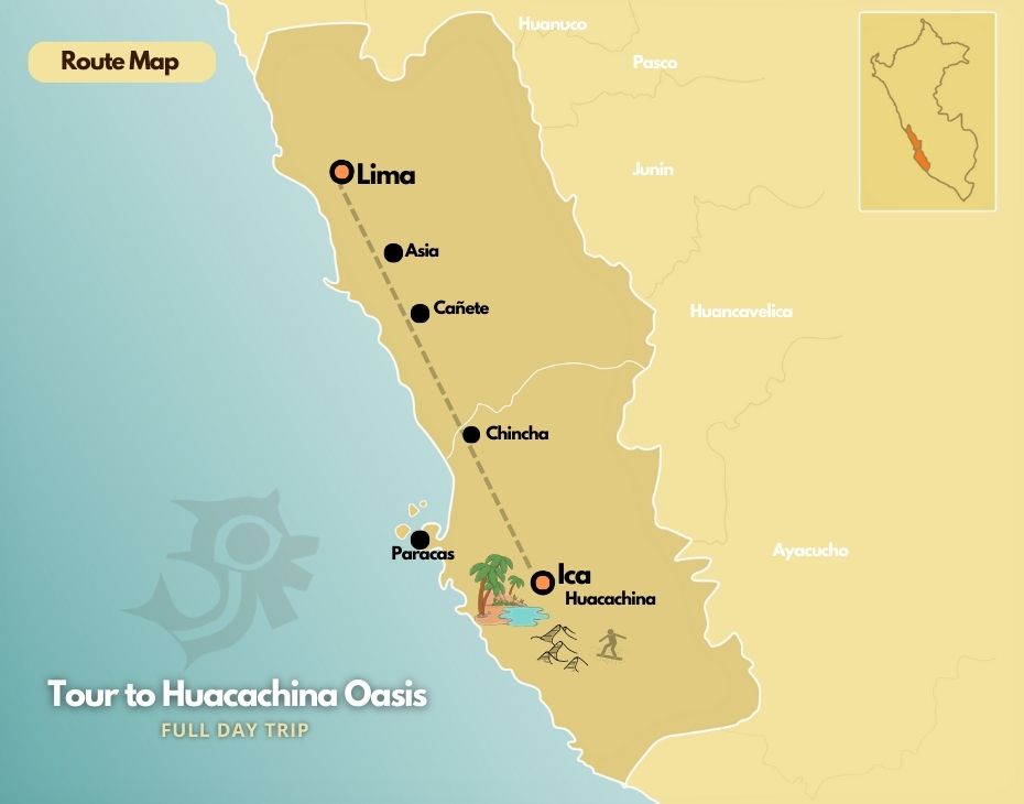 Map of the Tour to Huacachina Oasis from Lima