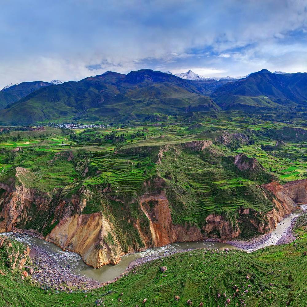Ancient agricultural terraces overlooking the Colca Canyon, one of Peru's most spectacular landscapes.