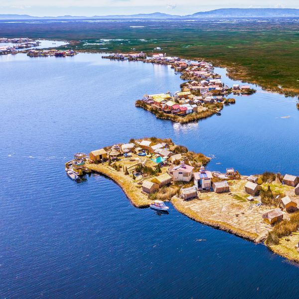 Aerial view of the Uros Floating Community on Lake Titicaca.