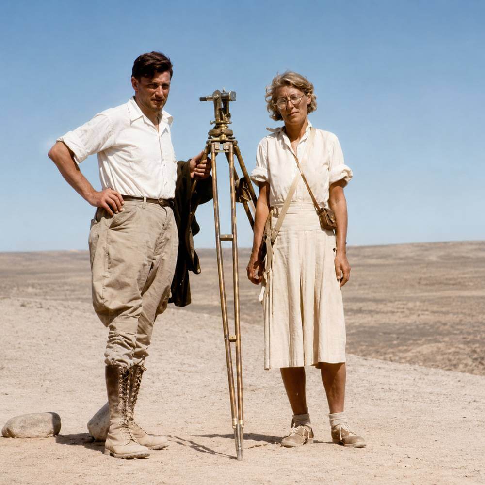 Maria Reiche and Paul Kosock surveying the Nazca Desert with surveying equipment during her pioneering research on the Nazca Lines in Peru.