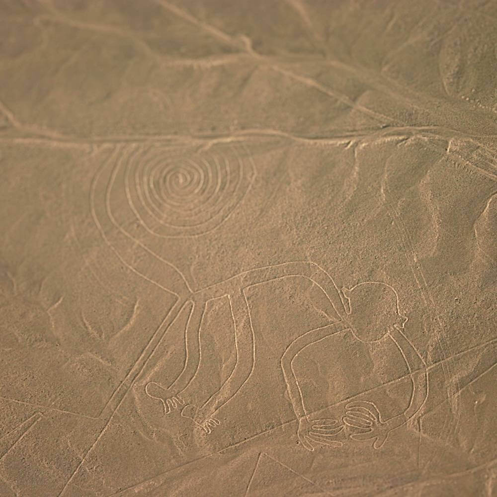Aerial view of the famous Nazca Monkey geoglyph, known for its spiral tail and exceptional geometric precision in the Nazca Desert.