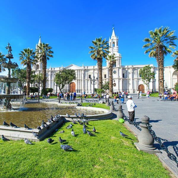 A walking tour around the Main Plaza of Arequipa during our City Tour.