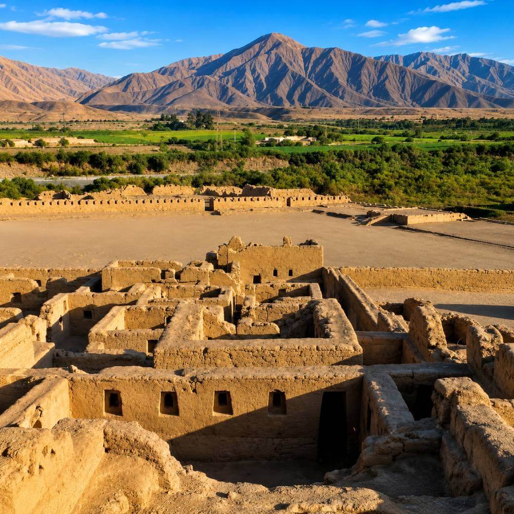 Vista panorámica de las ruinas incas de Tambo Colorado con el Valle de Pisco y las Montañas de los Andes, mostrando uno de los sitios arqueológicos mejor conservados de Perú.