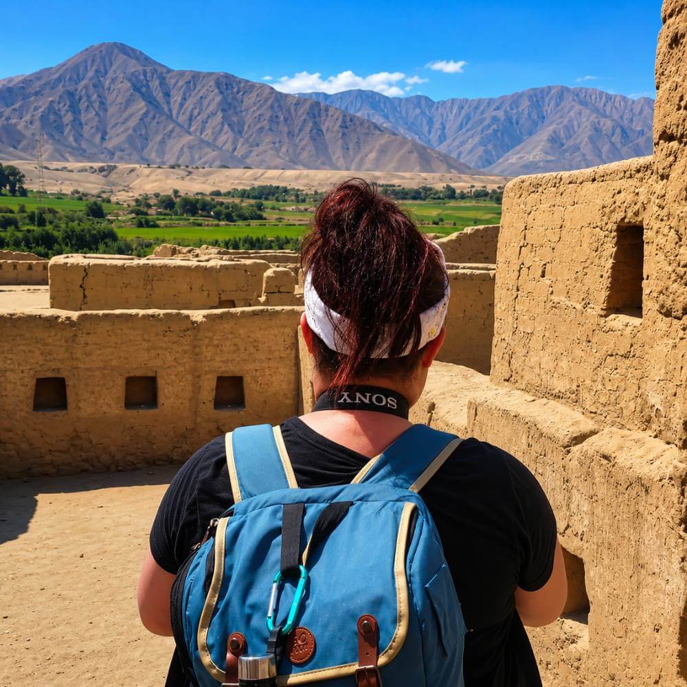 Viajero explorando las antiguas estructuras de adobe de Tambo Colorado mientras contempla el pintoresco Valle de Pisco en el sur de Perú.