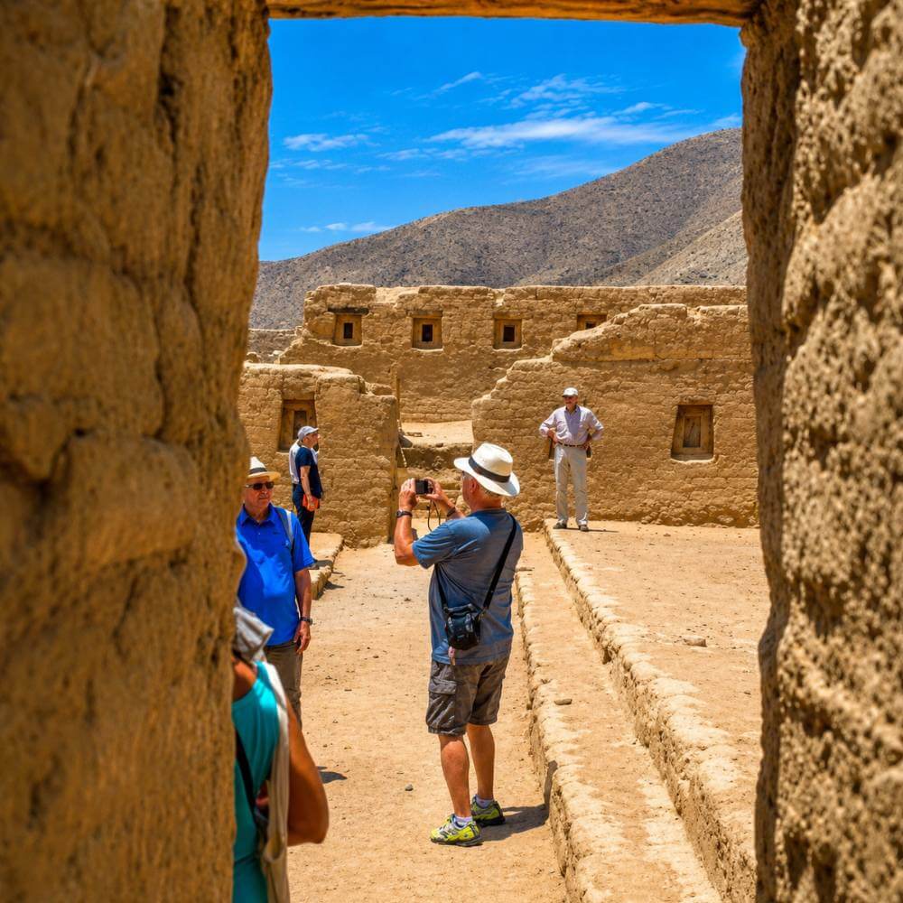 Visitantes explorando los patios de adobe de Tambo Colorado durante un tour arqueológico guiado en el Valle de Pisco, Perú.