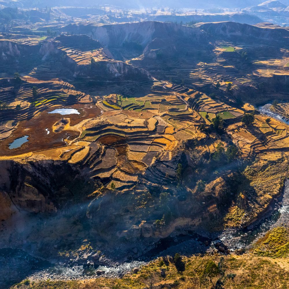 Ancient agricultural terraces overlooking the Colca Canyon during the Colca Canyon Tour from Arequipa, Peru.