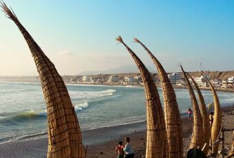 Huanchaco Beach with reed boats
