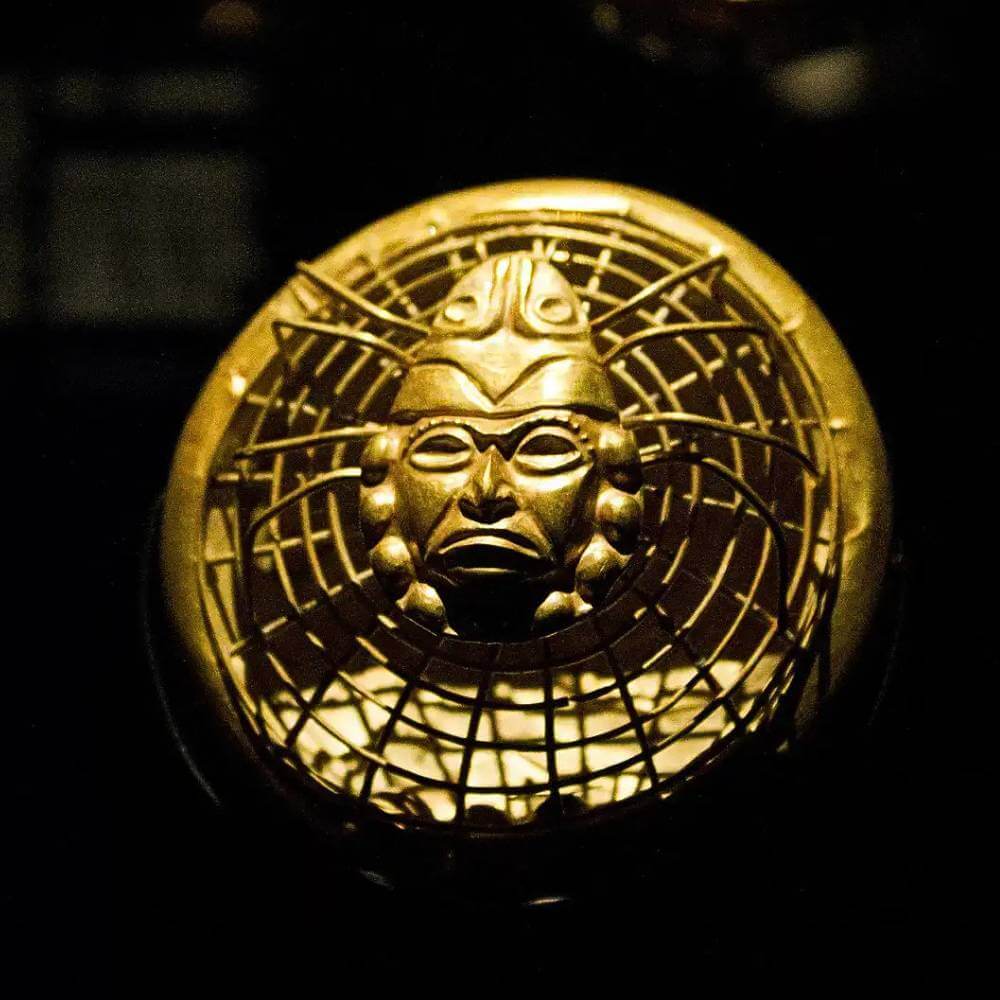 Golden ceremonial ornament of the Lord of Sipán exhibited at the Royal Tombs Museum during the Sipan Royal Tombs Tour.