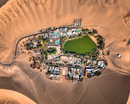 Aerial view of Huacachina Oasis in Ica